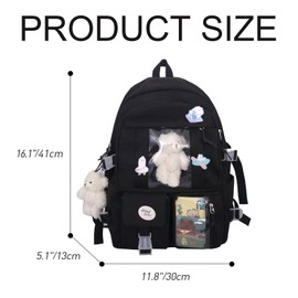 HuiYStar Kawaii School Backpack for Girls and Women, Cute Aesthetic Backpack, School and Book Bag with Pin and Accessories, black