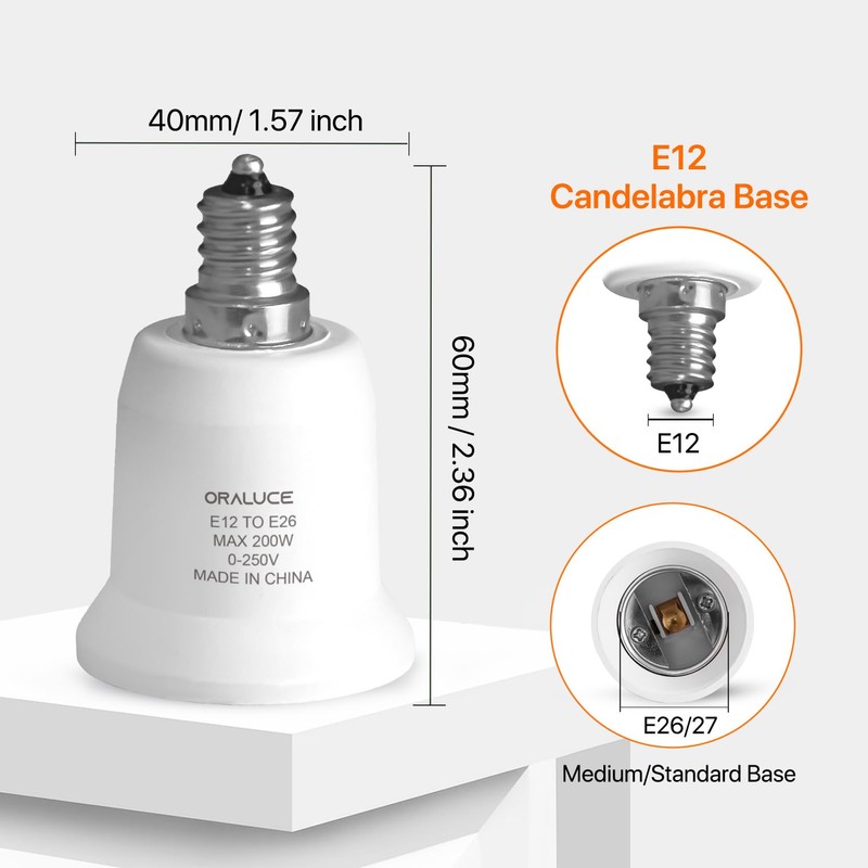 ORALUCE E12 to E26 Adapter, Candelabra to Medium/Standard Base, Light