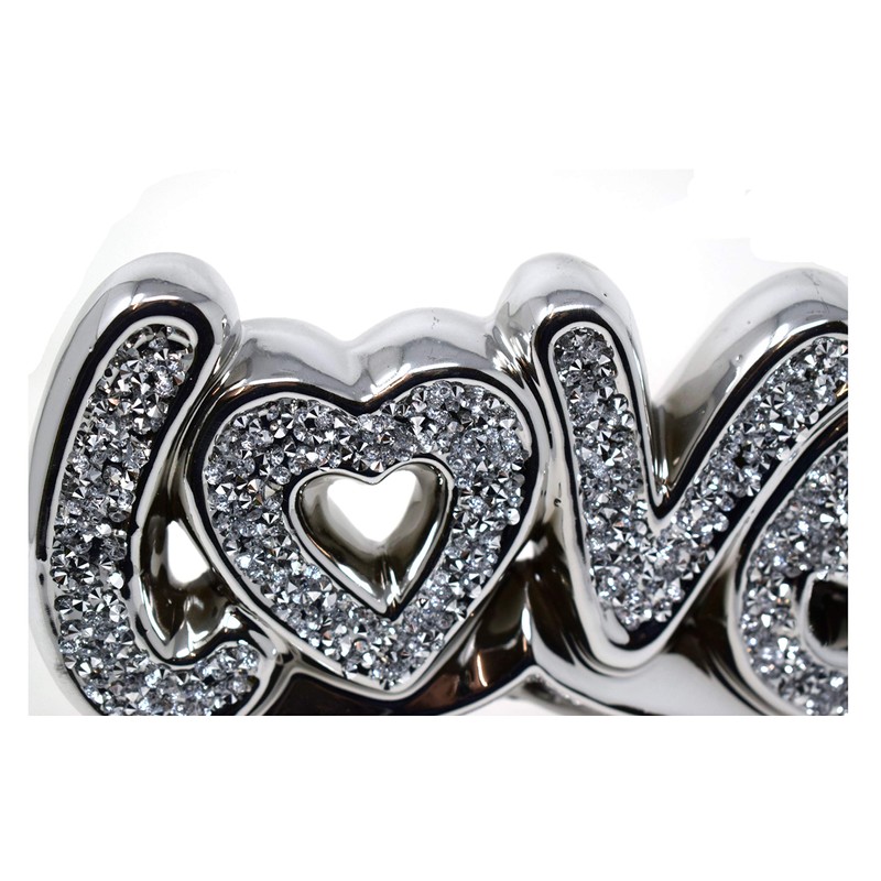 Silver Crushed Diamonds Love Sign on Heart Sparkle Ornaments |