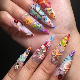 Colored Flower Press on Nails Medium Almonds Fake Nails with Rhinestones Design French Tip False Nails Reusable Cute Butterfly Glue on Nails Spring Stick on Nails for Women Manicure Salon 24Pcs