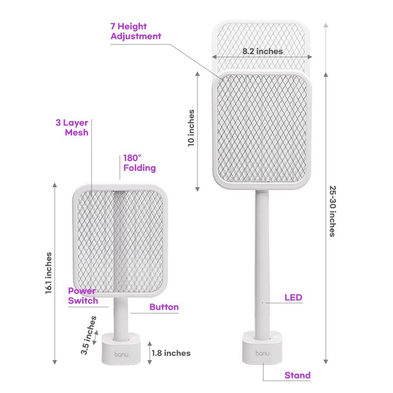 Banu Electric Fly Swatter Bug Zapper Racket, 180-Degree Folding, Adjustable