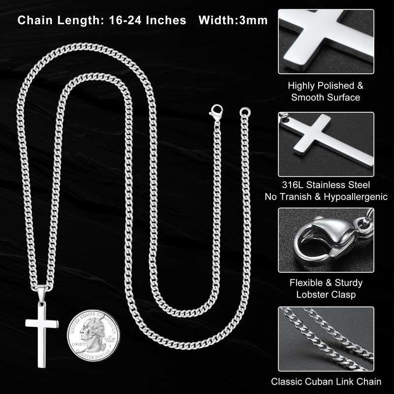 Silver Cross Necklaces for Men - 16 Inch Silver Mens