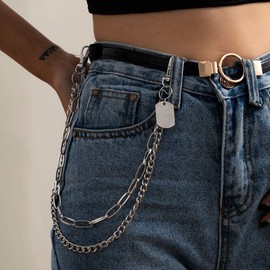 YERTTER Gothic Hip Hop Pants Jean Chain Tag Pendant Layered Punk Silver Trousers Chains Biker Heavy Thick Wallet Pocket Chains Silver Keychains Body Chain for Men and Women