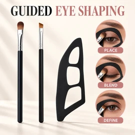 3-Piece Eye Makeup Template Kit with 2 Eyeshadow Brushes and Reusable Plastic Eye Stencil for Fast, Defined Eye Looks for Beginners