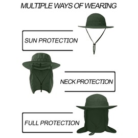 Fishing Sun Bonnie Hat for Men Women, UV Protection, Lightweight Cap, Wide Brim, Detachable Neck Flap & Face Cover, Windproof, Army Green, One Size