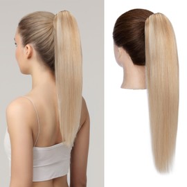 Charites Ponytail Extension, 16 Inch Claw Clip Ponytail Extension Human Hair Long Straight Jaw Clip in Real Hair Pony Tails Hairpieces for Women Ash Blonde & Bleach Blonde