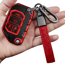 Sindeda for Jeep Key Fob Cover with Keychain Soft Full Protection Key Shell Key Case Compatible with Jeep Gladiator JT Sahara JLU 2018-2026 Wrangler JL JLU Rubicon (Red)