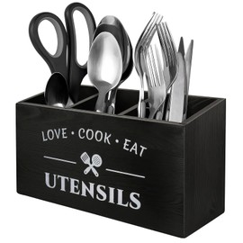 Schwarzer Küchenutensilienhalter aus Holz mit 3 Fächern – Große Arbeitsplatte Utensilienhalter Box für Kochutensilien, Besteck-Aufbewahrungstopf, Bauernhaus-Stil Utensilien-Organizer