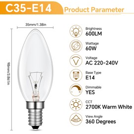 Caldarax E14 Kerze Lampe Dimmbar, C35 Klar Glas Birne, 2700K Warmwei?, 600 Lumen, Kerzeform, AC 230V, E14 Kerzenlampen, fr Kristall Licht, Kronleuchter, Wandlampe, Leuchter, Schreibtischlampe, 6 Stck