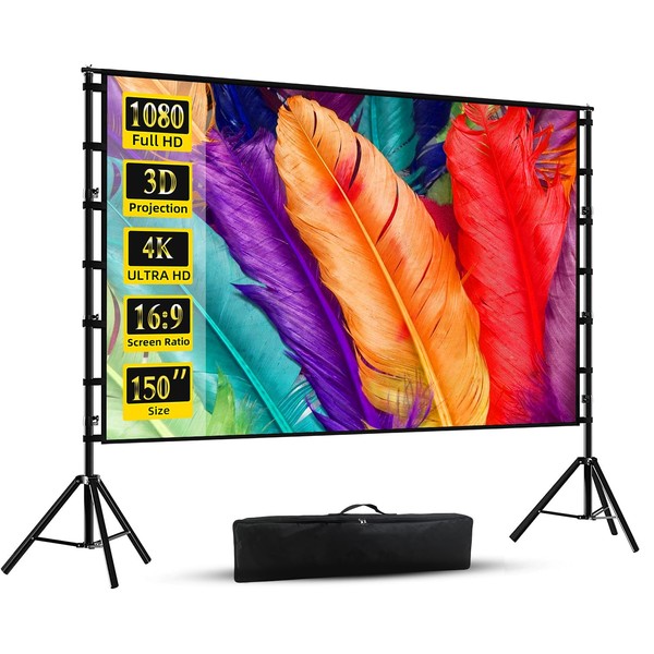 150 inch Projector Screen with Stand, Wootfairy Portable and Foldable Projection Screen 4K HD 16:9 Rear Front Wrinkle-Free Movie Screen with Carry Bag for Indoor Outdoor Home Theater Backyard Cinema