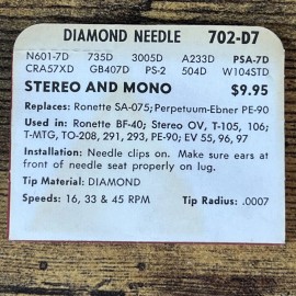 Ronette, Perpetuum-Ebner Superb Needle Vintage New Old Stock Vinyl Record Player Diamond Needle 702-D7