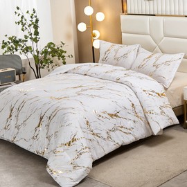 White Gold Metallic Marble Christmas Comforter Set King Foil Print Glitter Bedding Sets with 2 Pillowcases for All Seasons, Soft Microfiber Filling Bedding Duvet Set 103"x90"