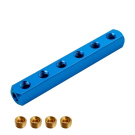 SRJQXH 6-Hole Compressed Air Distributor with 4 Pieces 1/4 Inch Brass Plugs, Aluminium Alloy Distributor Block Pneumatic, Highly Airtight Pneumatic Distributor Block, Suitable for Cylinders and