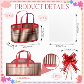 Reallnaive Bamboo Woven Baskets for Gifts Empty Christmas Foldable Gift Basket Kit with Handles Gift Bags and Ribbon Bow Empty Gift Baskets to Fill for Birthday Thanksgiving Gift Wrapping(3 Set)