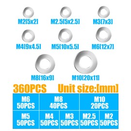 WELANE Stainless Steel Flat Washers, 360 PCS Assorted Hardware Lock Metal Washers Kit for Screws, Bolts (8 Sizes)