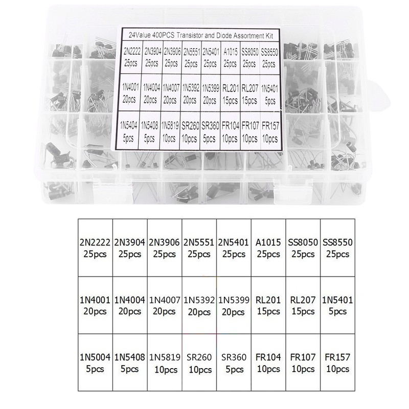 400pcs 24 Values Transistors and Rectifier Diodes Assortment Set With