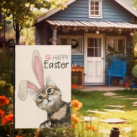 Cryfox Happy Easter Garden Flag 12x18 Inch Double Sided Cat with Bunny Ears Garden Flags Spring Holiday Yard Flag for Outside Burlap Farmhouse for Garden Home Decoration