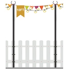 Derkniel 10 FT Outdoor String Light Pole Stand for Deck Fence or Patio Railing, Adjustable Globe Patio Light Post for Hanging Outside Decorate Lighting, 2 Packs