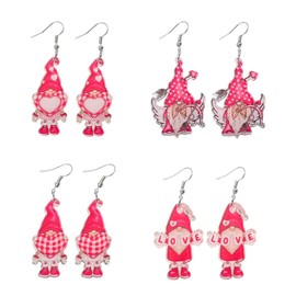 4 Pairs Gnome Earrings for Women Love Heart Flamingo Valentine's Day Earrings Gnome Jewelry Gift Women's Drop and Dangle Earrings for Holiday Wedding-Set A