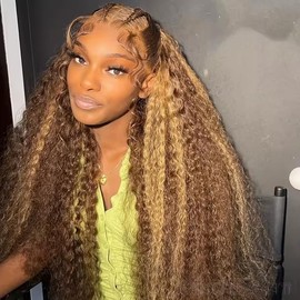 IAMFUPO Highlight Honey Blonde Deep Wave Lace Front Wig 13×6 Ombre P4/27 Highlight colored Lace Front Wigs Human Hair Pre Plucked Bleached Knots 200% Density (13x6 Honey Deep, 18 inch)