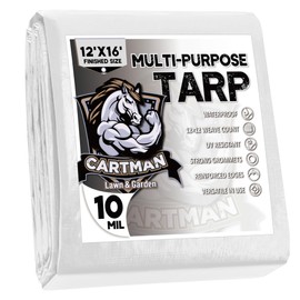 CARTMAN Finished Size 12x16 Feet 10 Mil White Heavy Duty Poly Tarp, Multipurpose Protective Cover, UV Resistant, Waterproof Poly Tarpaulin with Reinforced Edges Tarpaulin with Reinforced Edges