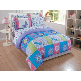 Linen Plus Comforter Set for Girls Butterflies Hearts Flowers Purple Turquoise Pink Green White New (Twin)
