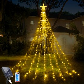 Christmas Tree Lights Waterfall, 9 Pieces 2 m 198 LEDs Solar Christmas Star Topper Light with Remote Control, 8 Modes Christmas Decoration Star Light Waterproof for Christmas