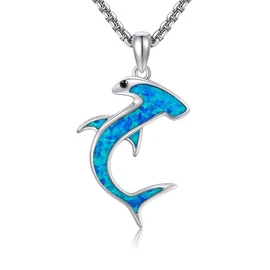 YAFEINI Hammerhead Shark Necklace S925 Sterling Silver Blue Opal Shark Pendant Necklace Hammerhead Sharks Jewelry Gifts for Women Men