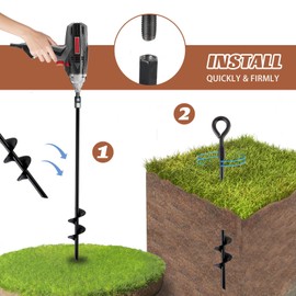 MIXXIDEA18 Inch Ground Anchors Screw in Folding Ring Spiral Metal Ground Stakes Dog Tie Out Stake Spiraling Anchor Trampoline Anchors for Tent (black-6pk)