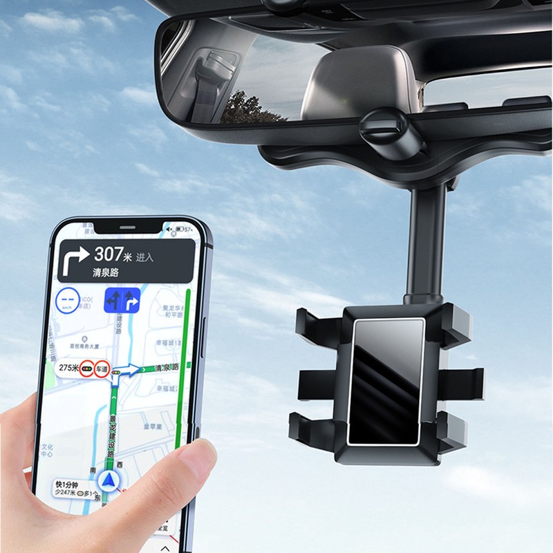 Car Rearview Mirror Phone Holder Adjustable 360 Degrees Rotation Multifunctional