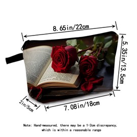 MoCaliduccious Two Roses & Book Design Cosmetic Bag Vintage Printed Makeup Organizer Literary Inspired Travel & Daily Essentials Pouch Birthday Gift Idea
