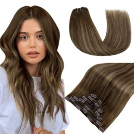 RUNATURE Clip in Hair Extensions Real Human Hair Brown Ombre Blonde Clip Hair Extensions Real Human Hair Invisible Straight Remy Clip Hair 16 Inch 120 Gram 7pcs