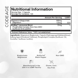 Codeage Liposomal Magnesium Glycinate Supplement, 4-Month Supply, Bisglycinate Magnesium Chelate, Chelated Magnesium Mineral Capsules, Bioavailable Non-GMO Vegan Gluten-Free, 120 Capsules