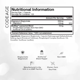 Codeage Liposomal Magnesium Glycinate Supplement, 4-Month Supply, Bisglycinate Magnesium Chelate, Chelated Magnesium Mineral Capsules, Bioavailable Non-GMO Vegan Gluten-Free, 120 Capsules