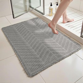 LiLIN YOU Waffle Bath Mat Boho Bathroom Rugs Non Slip Washable Super Absorbent Quick Dry Bathroom Floor Mat Ultra Soft Bath Rugs with Tassels, 24" x 36", Grey
