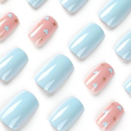 RikView Medium Press on Nails Pink Fake Nails Blue Nails Glossy Square Acrylic Full Cover Nails 24 PCs/Set