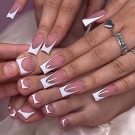 MISUD 48 Pcs Press on Nails Long Square & Press on Toenails Set Glossy Glue on Nails White French Tip Fake Nails Supplies Hand Acrylic Nails Kit False Toe Nails Art with Design DIY