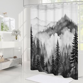 Litabel Black and Grey Misty Pine Forest Shower Curtain, Mountain Foggy Woodland Scenery Tree Shower Curtains for Chic Rustic Bathroom, Abstract Modern Waterproof Nature-Themed Decor, 72x72 Inches