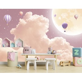 WFBHUA - Pink and Purple Clouds Wallpaper Hand-Painted Hot Air Balloons Moon Wall Mural for Children's Room Girls Room (Not Peel and Stick)