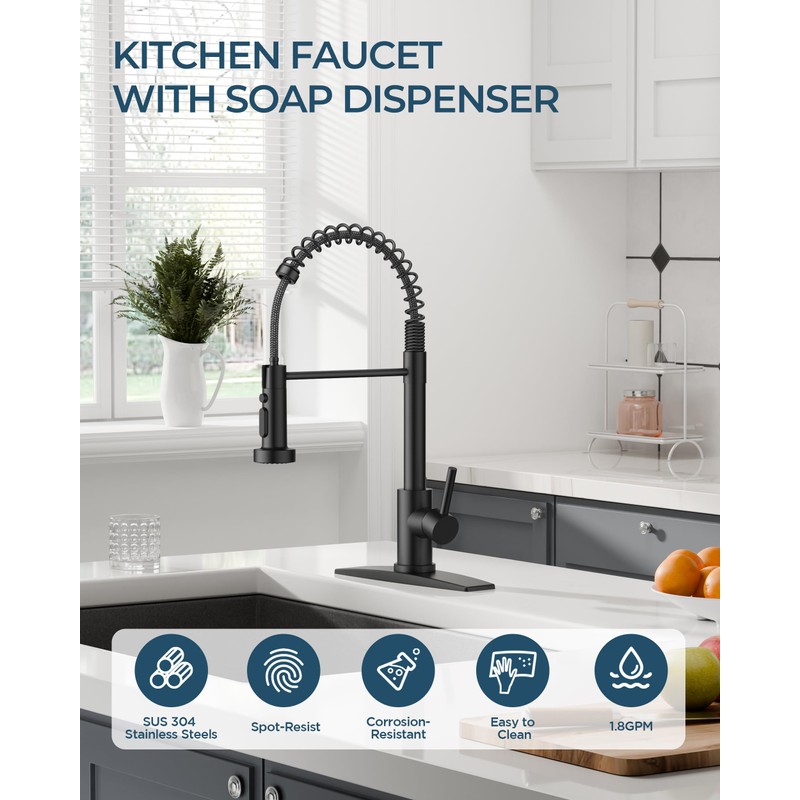 FORIOUS Black Kitchen Faucet with Pull Down Sprayer, Stainless Steel