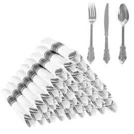 WELLIFE 50 Pack Silver Plastic Silverware,Plastic Cutlery Set Include 50 Forks, 50 Knives, 50 Spoons and 50 Pre Rolled Napkins, Disposable Utensils for Party and Wedding