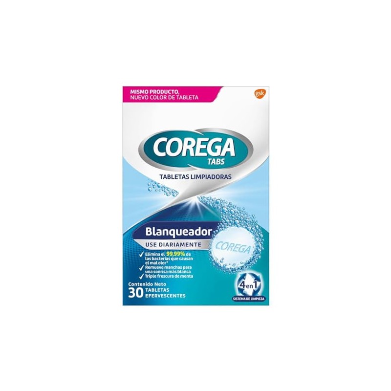 Corega Tabletas Limpiadoras Blanqueadoras, 30 Tabletas Efervescentes