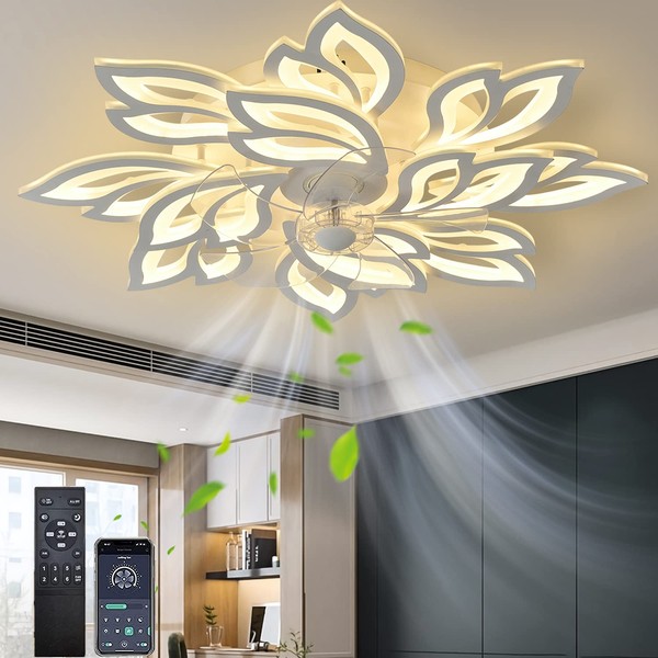 35.4" Modern Ceiling Fans with Lights and Remote,Dimmable 3 Color Low Profile Ceiling Fan with Light, 6 Gear Quiet Flush Mount LED Ceiling Fan, White Bladeless Ceiling Fan with Light for Bedroom 100W
