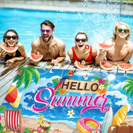 Qpout Summer Party Decorations,Colorful Hello Summer Backdrop Banner,72 x 43 inch Hawaiian Tropical Beach Party Background,Luau Decorations Supplies