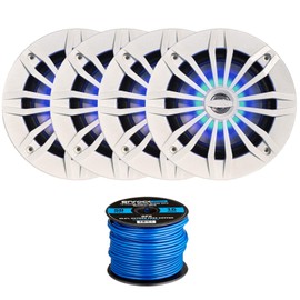 4 x EnrockMarine 6.5" 2-Way 180W Marine Loudspeakers feat. Blue LED Light Flashing with Music (White), Enrock Marine-Grade 50Ft. 16-Gauge Tinned Speaker Wire