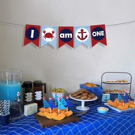 I Am One Banner náutico de ancla o cangrejo para decoración del primer cumpleaños del bebé, bandera náutica de silla alta, pancarta de torta, cartel de cangrejo, letrero de cangrejo, decoración de fiesta del océano, suministros de fiesta pirata, primer b