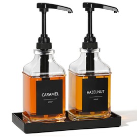 GMISUN Coffee Syrup Dispenser with Tray, 16oz Syrup Pump Dispenser for Coffee Bar Accessories, Glass Syrup Bottle for Coffee Bar Essentials, Simple Maple Syrup Bottles with 1/4oz Large Capacity Pump