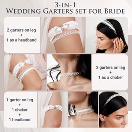 Premium 3-in-1 Wedding Garters set for Bride - Wedding Accessories Set - Garters, Headband, Choker - Ivory color, 100% silk, jewelry, pearl, rock crystal beads - Size 15-20 inch