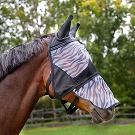 HORZE Zebra Pattern Mesh Insect and Fly Mask with Detachable Nose Protection - Black - S