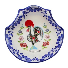 AC Ceramica Tradicional Portuguese Ceramic Sea Shell Dish with Rooster and Hand-Painted Floral Design, Made in Portugal